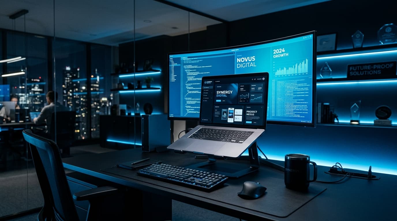 Ambiente de agência digital com desenvolvimento web moderno e estratégia digital