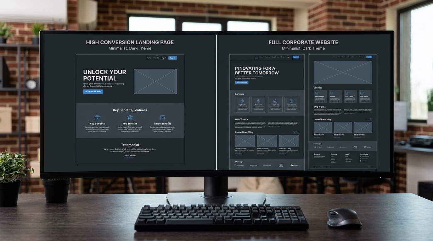 Demonstração de landing page focada em conversão versus site institucional em múltiplos dispositivos