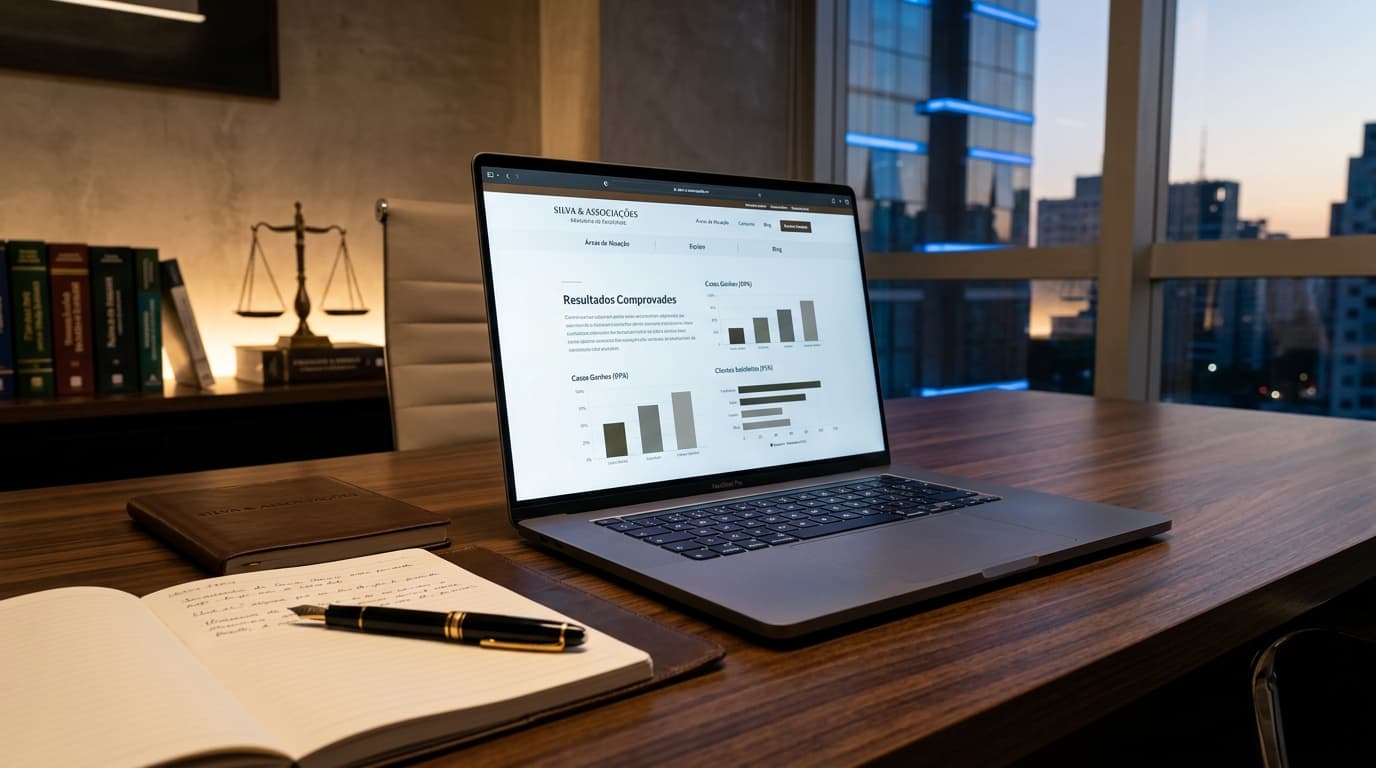 Mesa de escritório de advocacia moderno com laptop exibindo landing page jurídica de alta conversão e estatísticas de captação de clientes