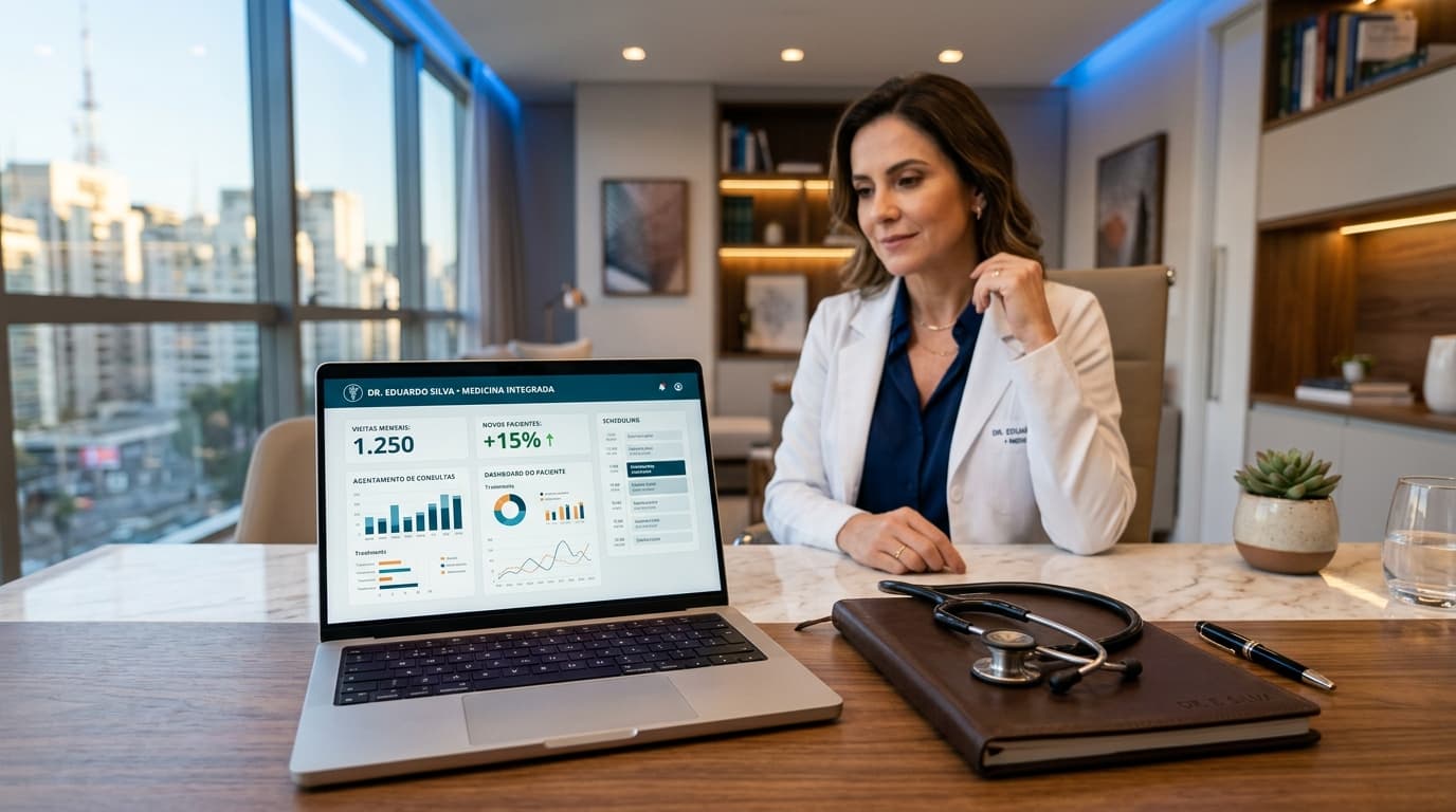 Médica em consultório particular moderno com laptop exibindo landing page médica de alta conversão e métricas de agendamento de pacientes