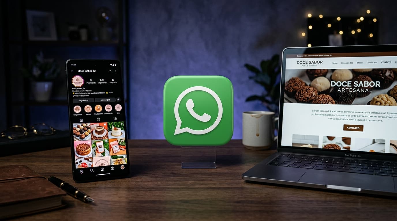 Comparação visual entre perfil do Instagram em smartphone e site profissional em tela de computador