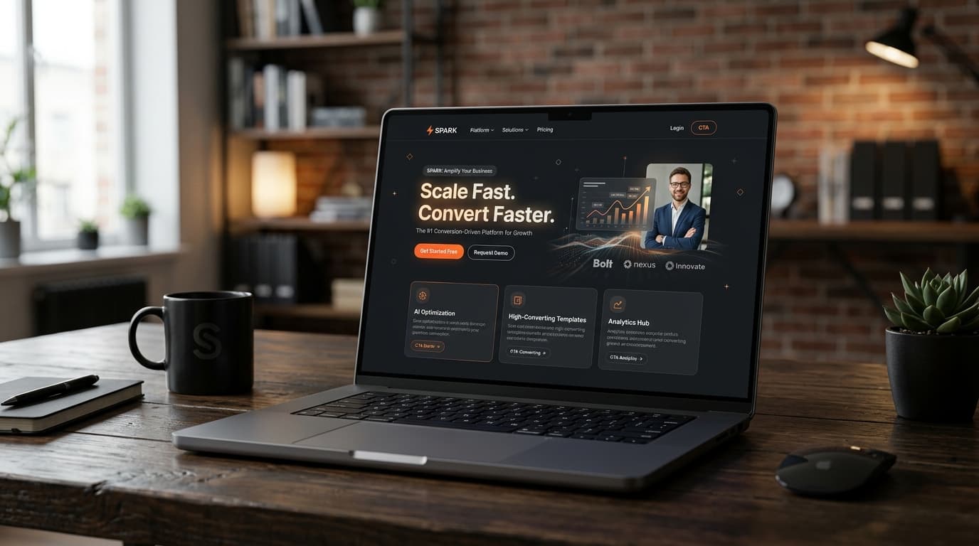 Preview de interface de landing page de alta conversão em um notebook moderno