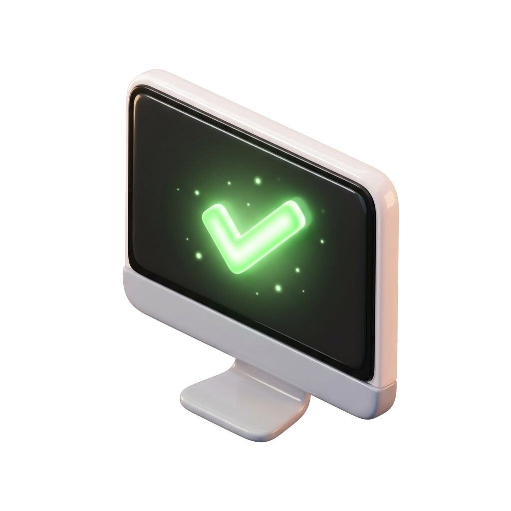 Computador 3D com tela e checkmark de aprovação